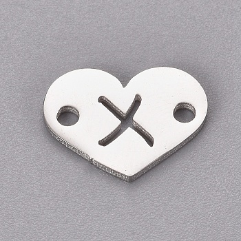 304 Stainless Steel Links, Heart with Letter, Stainless Steel Color, Letter.X, 9x12x1mm, Hole: 1.2mm