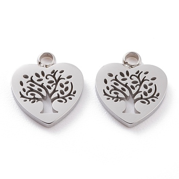 304 Stainless Steel Charms, Laser Cut, Heart with Tree of Life, Stainless Steel Color, 12x11x1.5mm, Hole: 1.8mm
