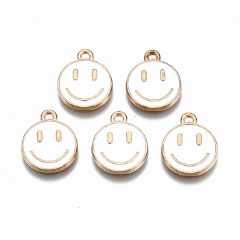 Alloy Enamel Charms, Cadmium Free & Lead Free, Smiling Face, Light Gold, White, 14.5x12x1.5mm, Hole: 1.5mm