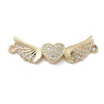 Brass Micro Pave Clear Cubic Zirconia Connector Charms, Long-Lasting Plated, Valentine's Day Heart Links with Wings, Golden, 10x32.5x2.5mm, Hole: 1.5mm
