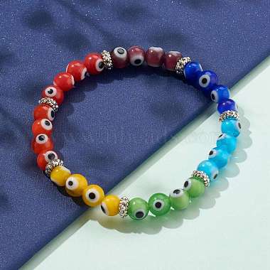 Rainbow Round Evil Eye Lampwork Stretch Beaded Bracelets for Kids(X-BJEW-JB05940)-3