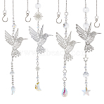 4Pcs Glass & Stainless Steel Hummingbird Hanging Suncatchers, with 304 Stainless Steel Cable Chains, Stainless Steel Color, 415~420mm(HJEW-FH00199)