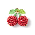 Handmade Glass Seed Beaded & Acrylic Leaf Pendants, with Jump Ring, Cherry Charm, Red, 22.5x23.5x12mm, Hole: 3.5mm(PALLOY-MZ00421)