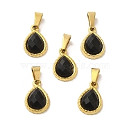 Natural Obsidian Faceted Teardrop Charms, with Golden Tone 304 Stainless Steel Snap on Bails, 14x9.5x4mm, Hole: 6x3mm(STAS-P361-01G-02)