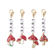 Mushroom Alloy Enamel Pendant Decoration, Word Love Acrylic & Lobster Clasp Charms for Bag, Key Chain Ornaments, Red, 65~72mm, 4pcs/set(HJEW-JM02004)