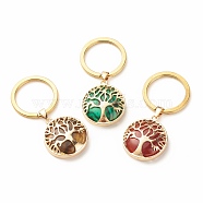 Synthetic & Natural Stone Keychain, with 304 Stainless Steel Keychain Clasp, Flat Round with Tree of Life, 6.5cm(KEYC-JKC00312)