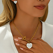 Stainless Steel Rhinestone Heart Necklace and Stud Earrings Set for Women, with OT Clasp, Crystal(JS5787)