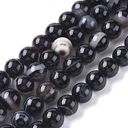 Natural Striped Agate/Banded Agate Beads Strands, Dyed & Heated, Round, Black, 8mm, Hole: 1.2mm, about 47pcs/strand, 14.96 inch(38cm)(G-G582-8mm-60)