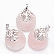 Natural Rose Quartz Pendants, with Platinum Tone Brass Findings, Flat Round with Tree of Life, 32.5~33x27.5~28x5~6mm, Hole: 5x7mm(X-G-F573-C12)