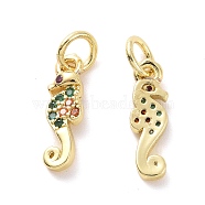 Brass Micro Pave Cubic Zirconia Charms, with Jump Ring, Real 18K Gold Plated, Sea Horse Shape, Colorful, 14x4x2mm, Jump Ring: 5x0.8mm, Inner Diameter: 3.2mm(KK-E068-VF114)