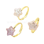 Natural Pearl Star Adjustable Ring, Brass Finger Ring, Real 14K Gold Plated, US Size 7 1/2(17.7mm)(RJEW-H220-18G)