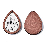 Eco-Friendly Cowhide Leather Pendants, with Dyed Wood, Teardrop with Leopard Print, Black, 46x32.5x4mm, Hole: 1.2mm(FIND-S301-33C-15)