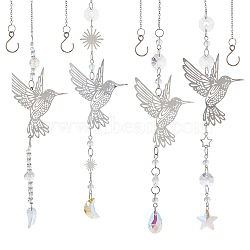 4Pcs Glass & Stainless Steel Hummingbird Hanging Suncatchers, with 304 Stainless Steel Cable Chains, Stainless Steel Color, 415~420mm(HJEW-FH00199)