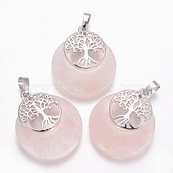 Natural Rose Quartz Pendants, with Platinum Tone Brass Findings, Flat Round with Tree of Life, 32.5~33x27.5~28x5~6mm, Hole: 5x7mm(X-G-F573-C12)