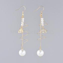 Dangle Earrings, with White Glass Pearl Beads, Brass Cable Chains & Earring Hooks Findings & Lotus Charms, Cardboard Boxes, Golden, 88mm, Pin: 0.7mm(EJEW-JE03809-02)