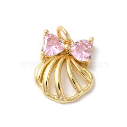 Rack Plating Brass Cubic Zirconia Pendants, with Jump Ring, Long-Lasting Plated, Lead Free & Cadmium Free, Sea Shell with Bowknot, Real 18K Gold Plated, 18x13x4mm, Hole: 3mm(KK-Z056-10G)