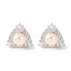 925 Sterling Silver Triangle Stud Earrings, with Natural Pearl & Clear Cubic Zirconia, Real Platinum Plated, 14x15mm(EJEW-C115-08P)