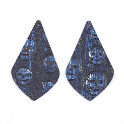 PU Leather Big Pendants, Teardrop with Skull, Blue, 59x33x1.5mm, Hole: 1.5mm(X-FIND-T020-081C)