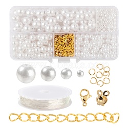 DIY Jewelry Sets Making Kits, Including ABS Plastic Imitation Pearl Beads, 304 Stainless Steel Jump Rings & Lobster Claw Clasps & Bead Tips, Iron Twist Chains, Elastic Crystal, Golden, Beads: 300pcs(DIY-FS0001-13G)