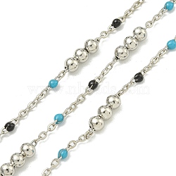 Brass Enamel Round Beaded Link Chain, Soldered, with Spool, Long-Lasting Plated, Cadmium Free & Lead Free, Platinum, Dark Turquoise, 12x3.5mm(CHC-G022-07P-09)