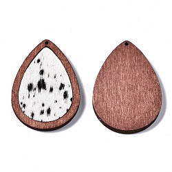 Eco-Friendly Cowhide Leather Pendants, with Dyed Wood, Teardrop with Leopard Print, Black, 46x32.5x4mm, Hole: 1.2mm(FIND-S301-33C-15)