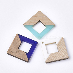 Resin & Wood Pendants, Rhombus, Mixed Color, 37x37x3mm, Hole: 2mm(X-RESI-S358-27)