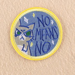 Computerized Embroidery Cloth Iron on/Sew on Patches, Costume Accessories, Appliques, Flat Round with Cat, Word No Means No, Cornflower Blue, 7.3x7.1cm(DIY-F030-15F)