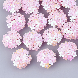 PVC Paillette Cabochons, Cluster Beads, with Glass Seed Beads and Golden Plated Brass Perforated Disc Settings, Flower, Pink, 20~23x10~11mm(X-FIND-S321-01L)