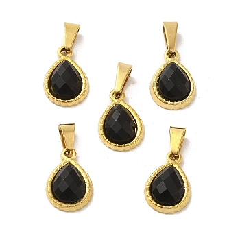 Natural Obsidian Faceted Teardrop Charms, with Golden Tone 304 Stainless Steel Snap on Bails, 14x9.5x4mm, Hole: 6x3mm