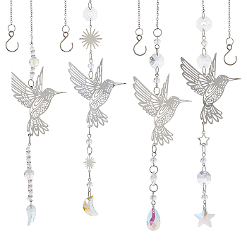 4Pcs Glass & Stainless Steel Hummingbird Hanging Suncatchers, with 304 Stainless Steel Cable Chains, Stainless Steel Color, 415~420mm