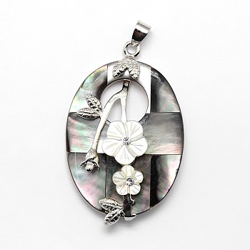 Brass White Shell Oval with Flower Pendants, with Rhinestone, 48x31x8mm, Hole: 4x5mm