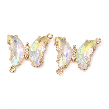 Brass Pave Faceted Glass Connector Charms, Golden Tone Butterfly Links, White, 20x22x5mm, Hole: 1.2mm