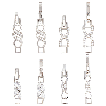 8Pcs 4 Styles Rack Plating Brass Clear Cubic Zirconia Watch Band Clasps, Cadmium Free & Lead Free, Long-Lasting Plated, Leaf & Bowknot, Platinum, 32~34x5.5~8x4mm, Hole: 3~4mm, 2pcs/style