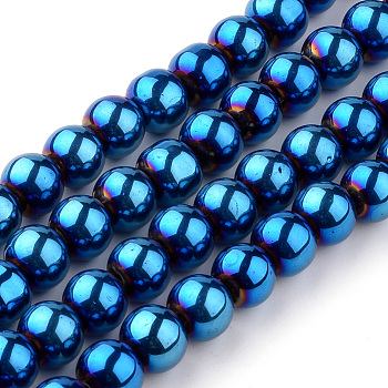 Electroplate Glass Strands, Round, Blue Plated, Bead: about 6mm in diameter, hole: 0.5mm. about 13 inch/strand, 56pcs/strand