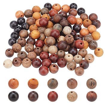 100Pcs 10 Colors Natural African Padauk Wood Beads Strands, Round, Mixed Color, 6mm, Hole: 1mm