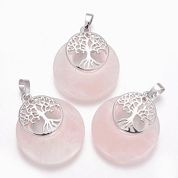 Natural Rose Quartz Pendants, with Platinum Tone Brass Findings, Flat Round with Tree of Life, 32.5~33x27.5~28x5~6mm, Hole: 5x7mm
