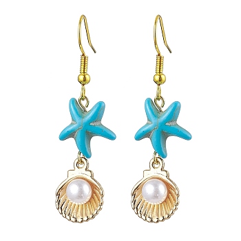 Synthetic Turquoise Dangle Earrings for Women, with Alloy Enamel Starfish Pendants and Plastic Beads, 47x13mm