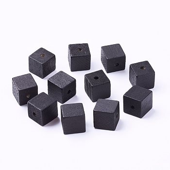 Natural Wood Beads, Dyed, Cube, Black, 14~15x14~15x14~15mm, Hole: 3mm