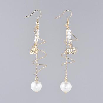 Dangle Earrings, with White Glass Pearl Beads, Brass Cable Chains & Earring Hooks Findings & Lotus Charms, Cardboard Boxes, Golden, 88mm, Pin: 0.7mm
