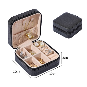 Square PU Leather Jewelry Organizer Zipper Boxes, Portable Travel Jewelry Case with Velvet Inside, for Earrings, Necklaces, Rings, Black, 10x10x5cm