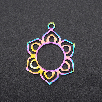 Ion Plating(IP) 201 Stainless Steel Pendants, Svadhisthana, Laser Cut, Rainbow Color, 24x18.5x1mm, Hole: 1.6mm