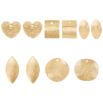30Pcs 5 Style Brass Pendants, Heart & Flat Round & Leaf, Golden, 14~23x9~20x0.7~2.5mm, Hole: 1.2~1.6mm, 6pcs/style