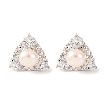 925 Sterling Silver Triangle Stud Earrings, with Natural Pearl & Clear Cubic Zirconia, Real Platinum Plated, 14x15mm