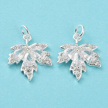 Rack Plating Brass Clear Cubic Zirconia Pendants, Long-Lasting Plated, Cadmium Free & Lead Free, with Jump Rings, Leaf, Silver, 19.5x17x3.5mm, Hole: 4mm