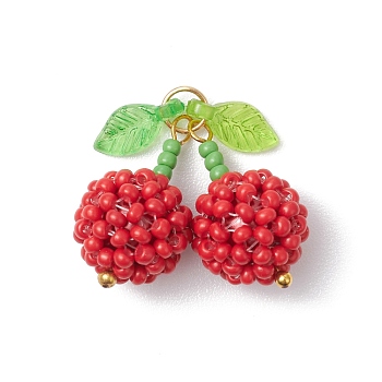 Handmade Glass Seed Beaded & Acrylic Leaf Pendants, with Jump Ring, Cherry Charm, Red, 22.5x23.5x12mm, Hole: 3.5mm