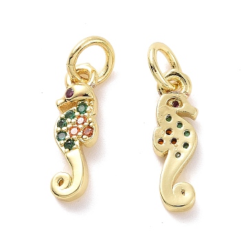 Brass Micro Pave Cubic Zirconia Charms, with Jump Ring, Real 18K Gold Plated, Sea Horse Shape, Colorful, 14x4x2mm, Jump Ring: 5x0.8mm, Inner Diameter: 3.2mm