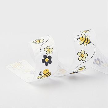 Polyester Grosgrain Ribbons, Bees and Flower, Printed, White, 1 inch(25mm), about 100yards/roll(91.44m/roll)