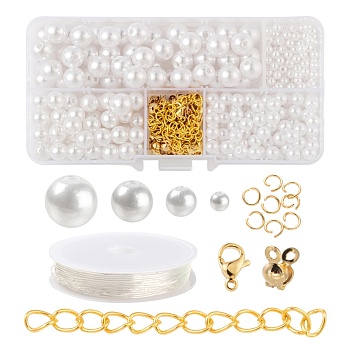 DIY Jewelry Sets Making Kits, Including ABS Plastic Imitation Pearl Beads, 304 Stainless Steel Jump Rings & Lobster Claw Clasps & Bead Tips, Iron Twist Chains, Elastic Crystal, Golden, Beads: 300pcs