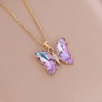 Fashionable Gradient Butterfly Alloy Glass Pendant Necklace, Unique Clavicle Chain for Women, Golden, Plum, show in picture