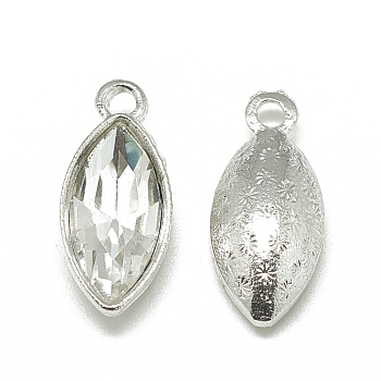 Alloy Glass Pendants, Faceted, Horse Eye, Platinum, Clear, 20x9x5mm, Hole: 1.5mm